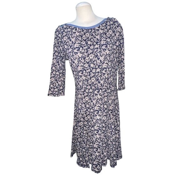 Ralph Lauren Navy Floral Print Dress 3/4 Sleeves & Scoop Neckline Sz Large Blue - Picture 1 of 16